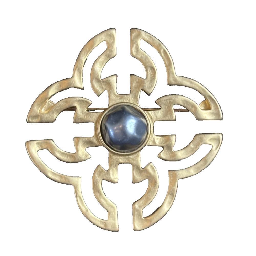 Vintage 1970s Mary McFadden Celtic Knot Brooch Pin & Mabe Faux Pearl Gold Tone